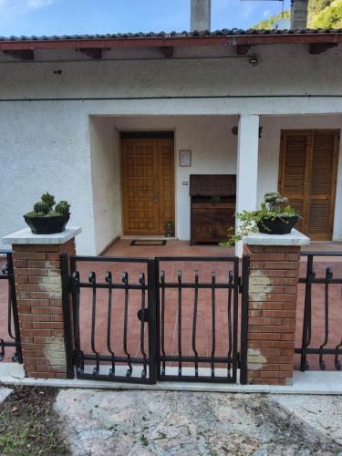 a house with a gate and two potted plants at La casetta di monterivoso in Monterivoso