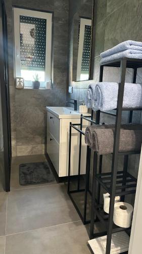 a bathroom with a shower with a sink and a bunk bed at Nowa Olza - domek na wynajem in Olza