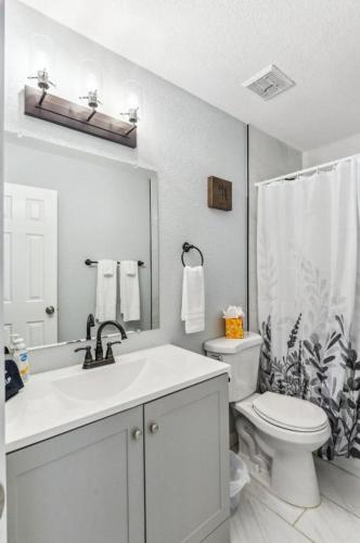 a bathroom with a sink and a toilet and a shower at All New! Convenient Location! Sleeps 6 in Denver