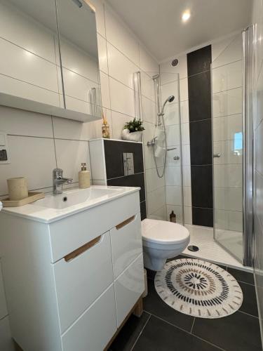 a white bathroom with a toilet and a shower at Aesthetic Cozy Home Lüdenscheid in Lüdenscheid