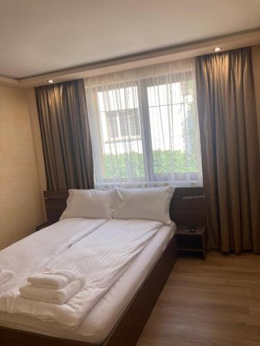 a bedroom with a large white bed with a window at Guest house Dinaya-2 in Dobrinishte