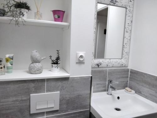 a bathroom with a sink and a mirror at Charming pied-à-terre in Vieux-Ruffec