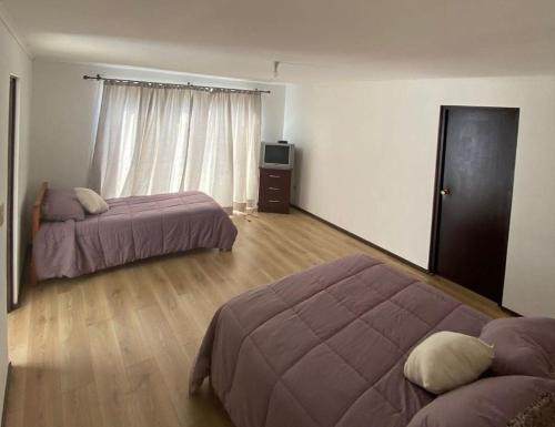 a bedroom with two beds and a television in it at Hospedaje la machi in Algarrobo