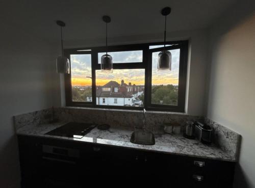 eine Küche mit Spüle und Fenster in der Unterkunft The Brent Cross Penthouse in London