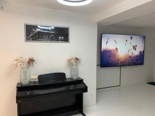 a room with a television on a wall with flowers at Subterranean Delight #DHG in Brétigny-sur-Orge