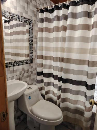 a bathroom with a sink and a toilet and a shower curtain at Cabañas y Hostal Karibe in Pichilemu
