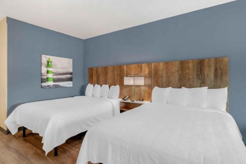 two beds in a room with blue walls at Extended Stay America Premier Suites - Charlottesville in Charlottesville