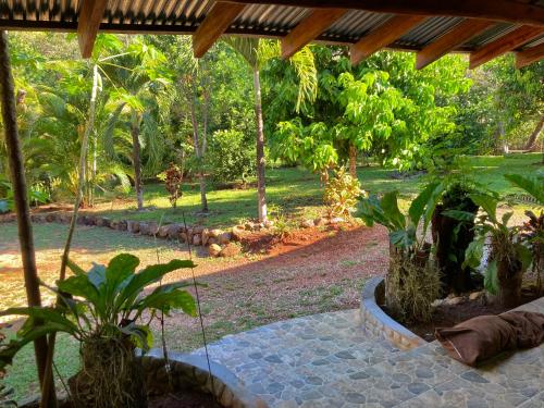 a garden with a patio with plants and trees at Tres Corazones in Carrillo