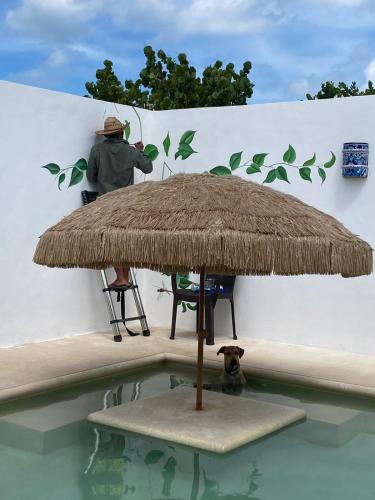 a man painting a wall with a straw umbrella at Casa Loto D in Chelem