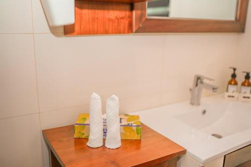 a kitchen counter with two stacks of paper towels at Beach Club Bungalow Induruwa in Induruwa