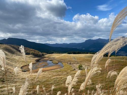 a field of grass with mountains in the background at Kamakurayama Farm - B&B Satoyama in Uda