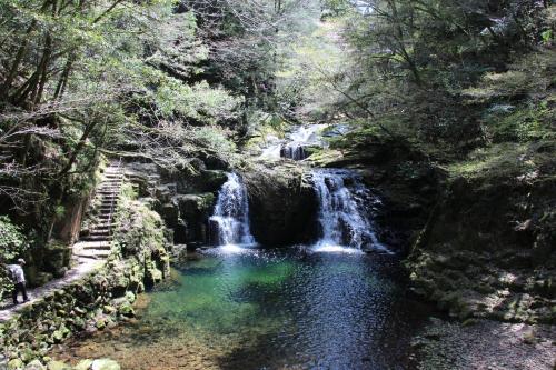 a waterfall in a forest with a pool of water at Kamakurayama Farm - B&B Satoyama in Uda