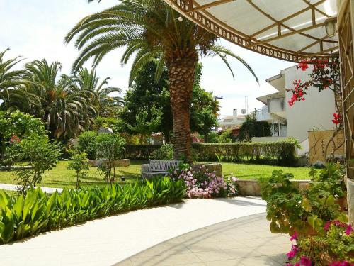 a palm tree and a bench in a garden at Asteras hotel in Hanioti