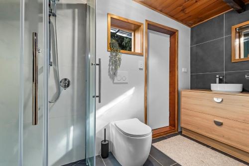 un bagno con wc, doccia e lavandino di Judbury Bush Retreat, Huon Valley TAS a Judbury