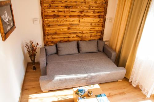 a couch in a living room with a wooden wall at Apartment Michael - Zell am See - Kaprun in Piesendorf