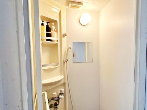 a small bathroom with a door and a shelf at Edo Tokyo Hostel in Tokyo