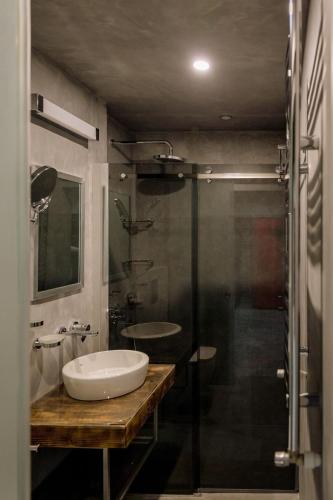 a bathroom with a sink and a shower at Apartament Duo Style in Brăila