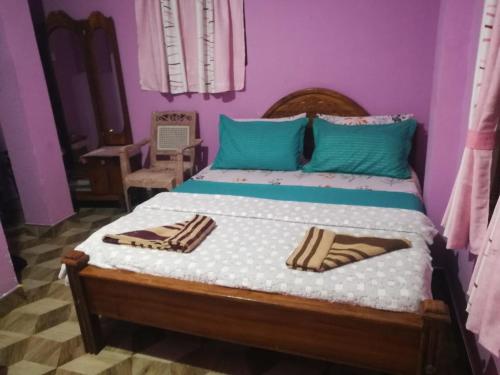 a bedroom with a bed with blue and purple walls at Dinu Homes Stay in Haputale