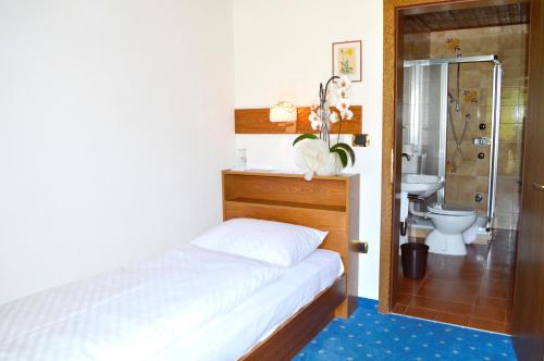 a bedroom with a bed and a bathroom with a toilet at Pension Panorama in San Lorenzo di Sebato