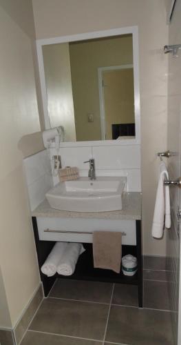 a bathroom with a sink and a mirror at Aarburg Airport Motel in Christchurch