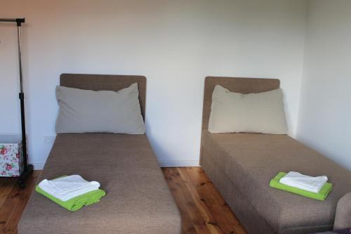 two beds sitting next to each other in a room at Apartamentai Tarp trijų ežerų in Tytuvėnai