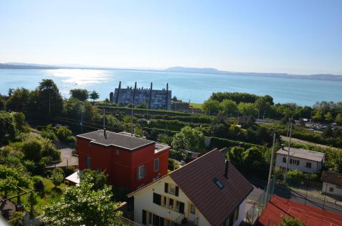 an aerial view of a house and the water at Appartements Vacances Saars 33 in Neuchâtel