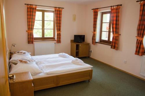 um quarto com uma cama e duas janelas em Penzion Nad Oborou em Hradec Králové