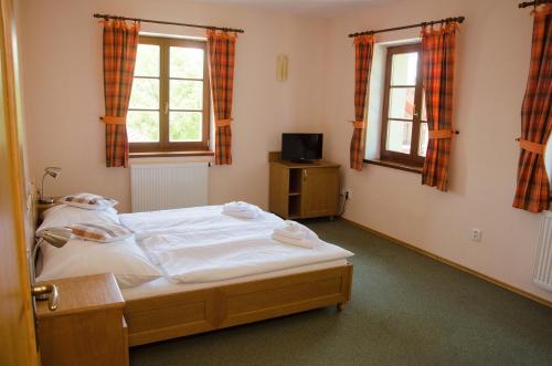 a bedroom with a bed and two windows at Penzion Nad Oborou in Hradec Králové