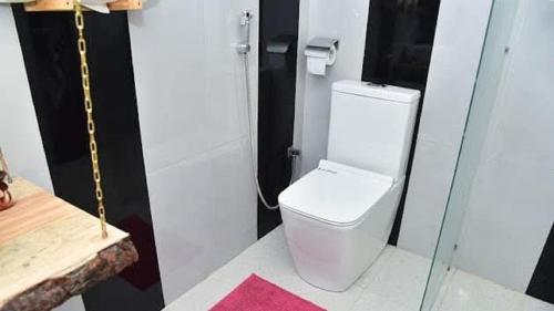 a bathroom with a toilet with a glass door at Hotel Longteng in Sigiriya