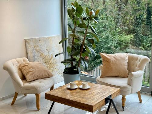 a living room with two chairs and a coffee table at Vila Brinje in Dol pri Ljubljani