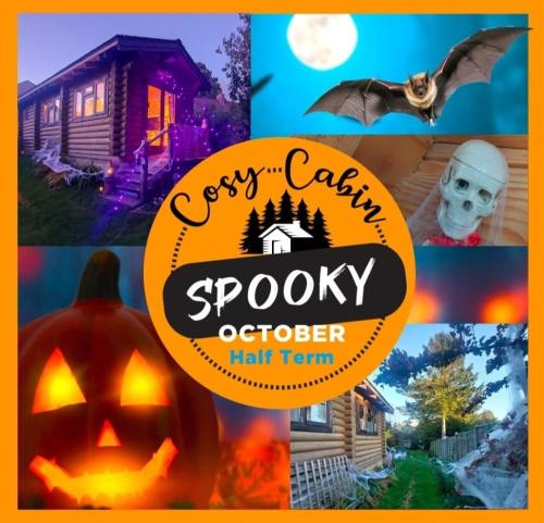 a collage of halloween pictures with a pumpkin and a house at CABIN in hosts huge garden CHILD FRIENDLY with Hens Kittens firepit Marshmallows in Charing