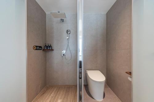 a bathroom with a toilet and a shower at Xiaduo B&B in Wangjiazhai