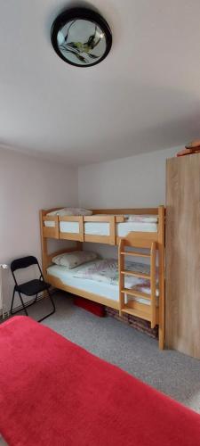 a bedroom with two bunk beds and a red rug at Ferienhaus Greiling in Quedlinburg