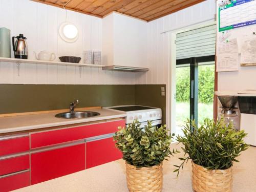 a kitchen with red cabinets and two potted plants at Cozy Sauna House with BBQ - By Traum Ferienwohnungen in Fanø