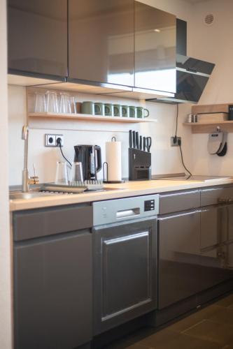 a kitchen with stainless steel appliances and a stove at Comfortable 3 room apartment I 81 m2 I Central l Self-Check-In I Elevator & Balkony in Hannover