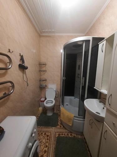 a small bathroom with a toilet and a sink at Затишна, домашня 43м в тихому зеленому місці Поруч Центральний парк Університет in Irpin'