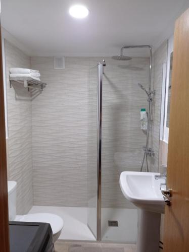 a bathroom with a shower and a toilet and a sink at Apartamento A Cabana II in Porriño