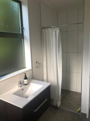 a bathroom with a white sink and a shower at The Cottage in Waikawa in Waikawa