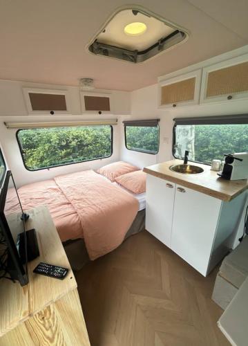 a bedroom in an rv with a bed and a sink at Caravane Chic et Vintage in Urrugne