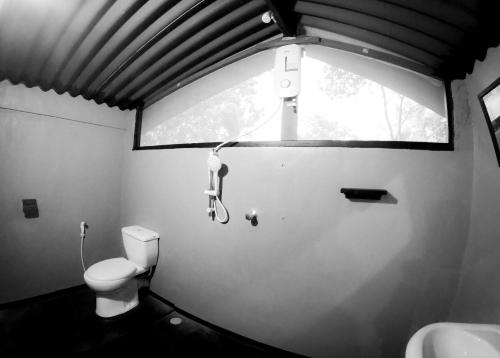 a small bathroom with a toilet and a window at Safaria Lodge Wilpattu in Pahala Maragahawewa