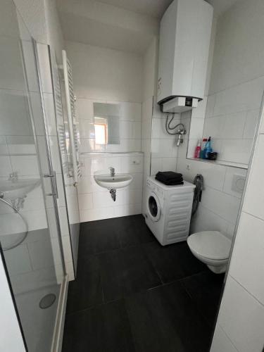 a bathroom with a toilet sink and a washing machine at 2 Bedroom Apartment at Grenzach train station in Grenzach-Wyhlen