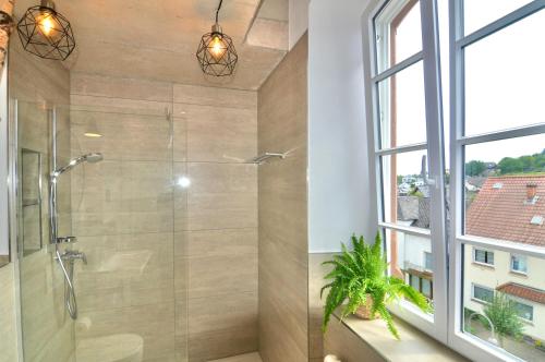 a bathroom with a shower with a glass door at Alte Schule - Modern Wohnen in historischen Altbau in Baustert