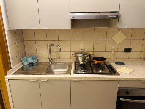 a kitchen counter with a sink and a stove at Il Nido in Vittorito