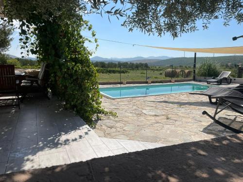 a swimming pool in a yard with a table and chairs at Holiday House Mablo with pool & jacuzzi in Šibenik
