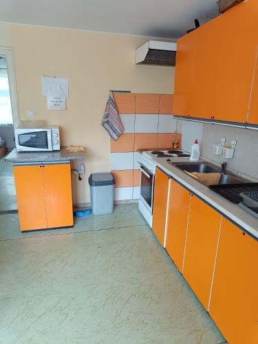 an orange kitchen with a sink and a microwave at Ubytovací zařízení Orlíček Černíkovice čp 145 in Černíkovice