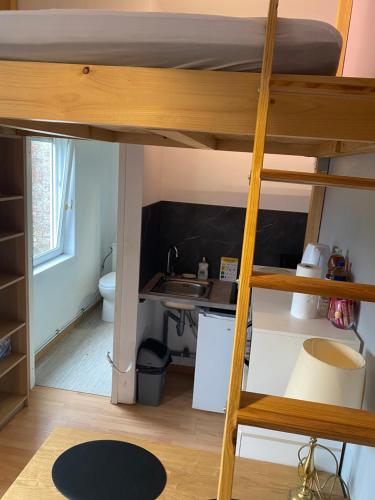 a room with a bunk bed and a kitchen at Domus Lemaitre 3, 2 people, Wi-Fi, mezzanine bed in Bavay