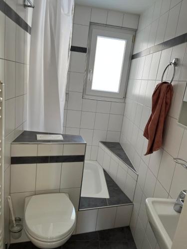 a bathroom with a toilet and a sink and a window at Ferienwohnung Panoramablick in Nesslau