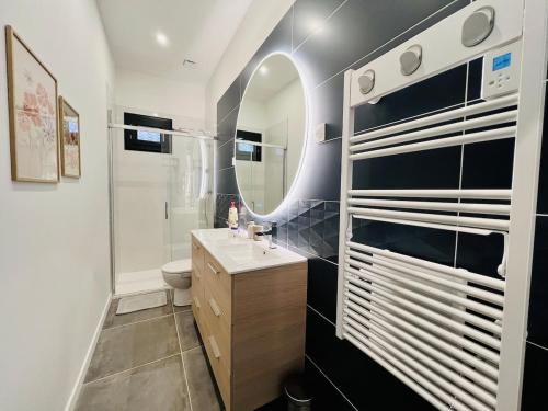 un bagno con lavandino, WC e specchio di Charming townhouse Air conditioning and Parking a Montauban