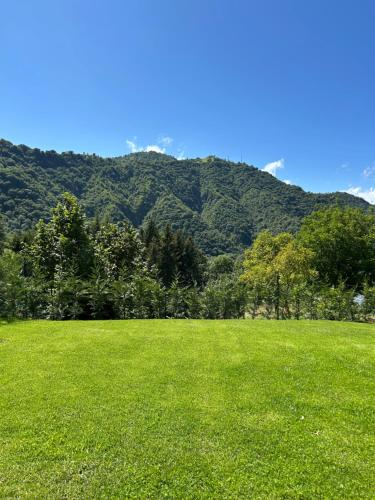 a green field with a mountain in the background at Riki House Selvino in Selvino