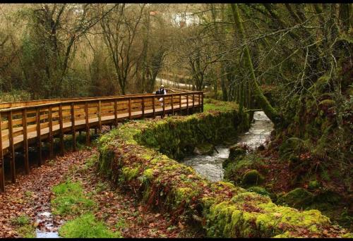 a person walking across a bridge over a river at Casa de Rompecias in Vizela